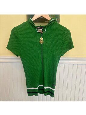 Fabulosity XL Vintage Y2K Green Ribbed Short-Sleeve Hoodie Sweater